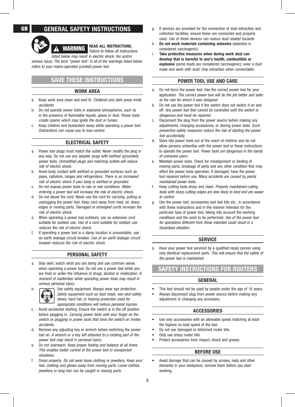 General safety instructions, Warning, Save these instructions | Safety instructions for routers | Dremel Приставка для фрезерования User Manual | Page 6 / 120