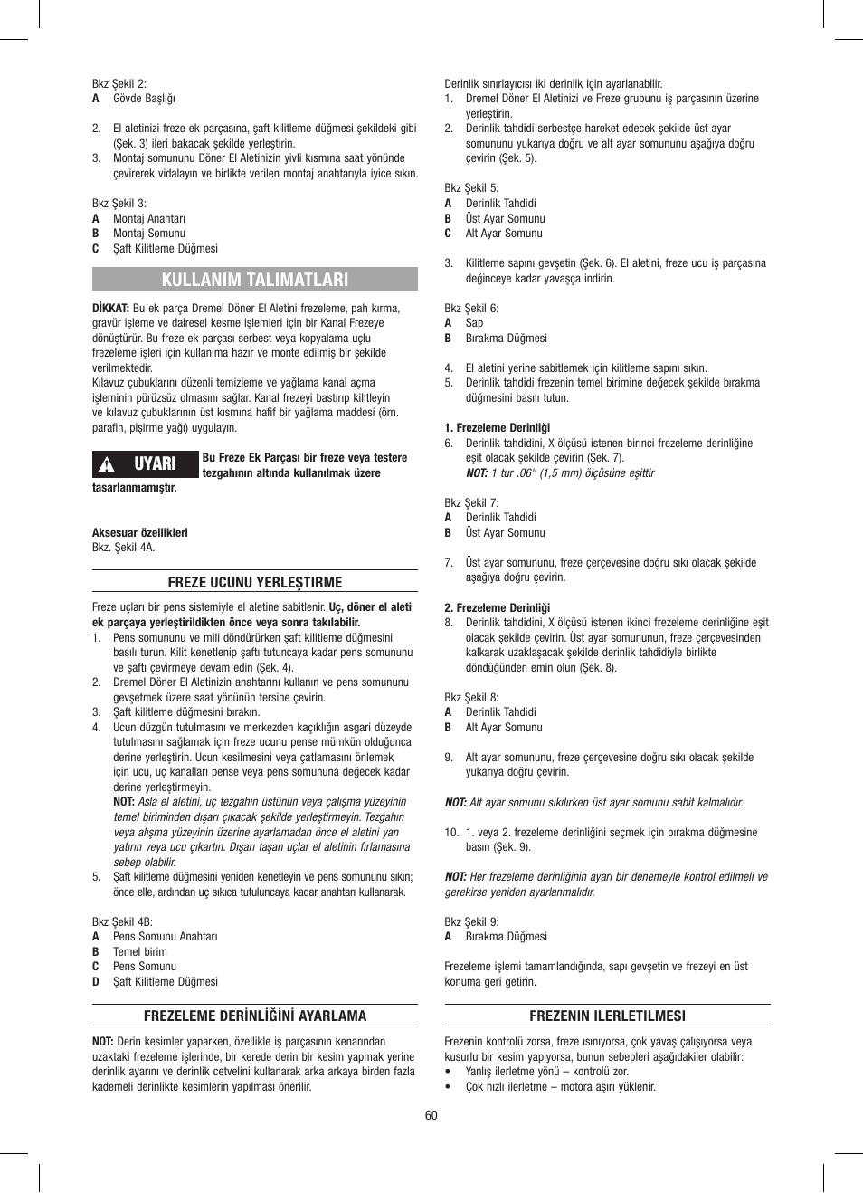 Kullanim talimatlari, Uyari | Dremel Приставка для фрезерования User Manual | Page 60 / 120