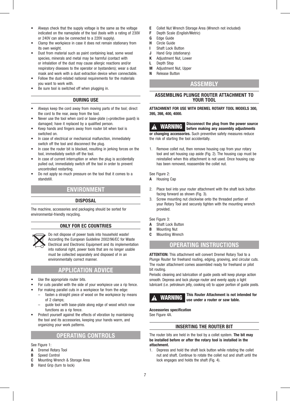 Environment, Application advice, Operating controls | Assembly, Warning, Operating instructions | Dremel Приставка для фрезерования User Manual | Page 7 / 120