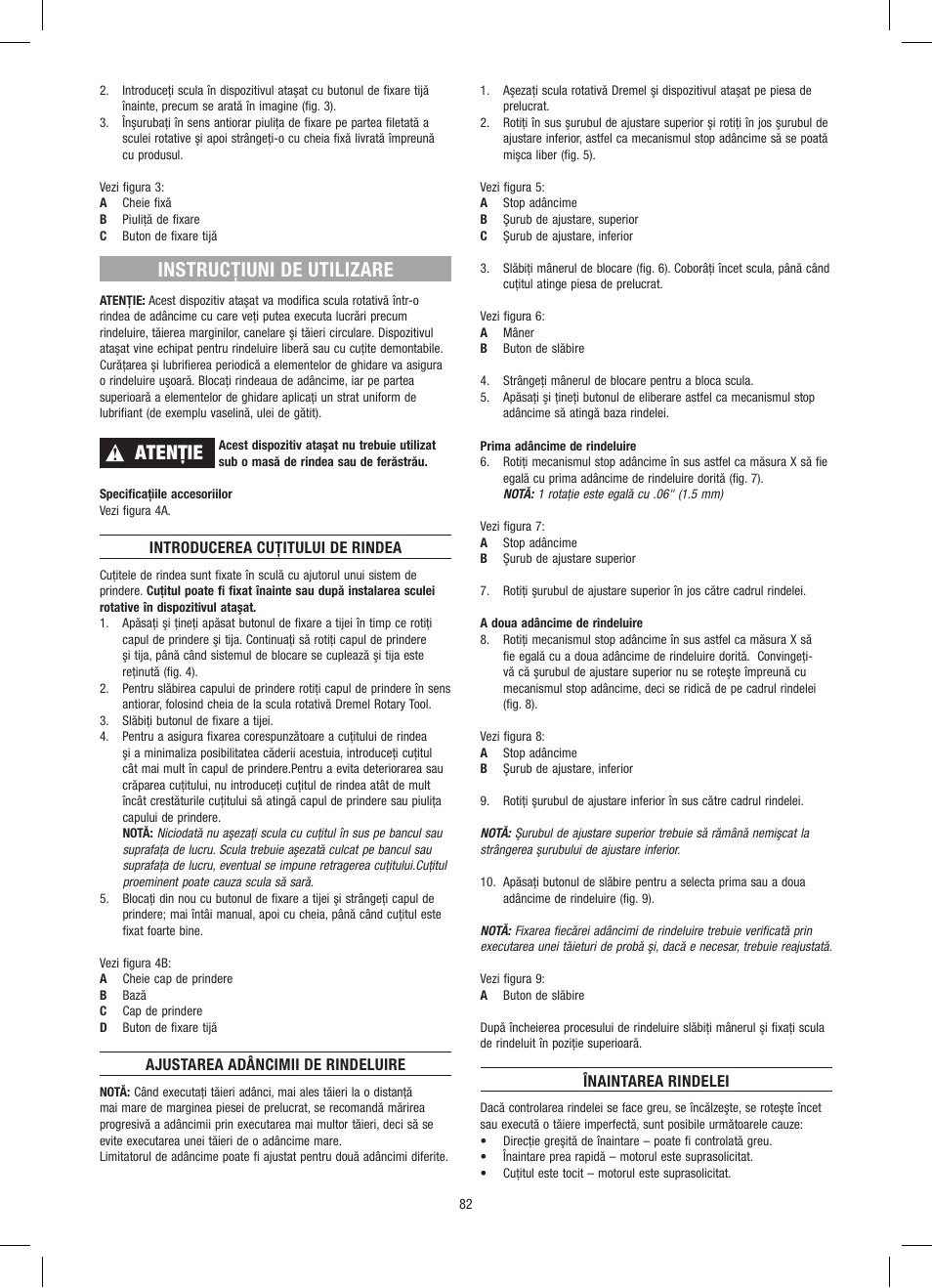 Instrucţiuni de utilizare, Atenţie | Dremel Приставка для фрезерования User Manual | Page 82 / 120