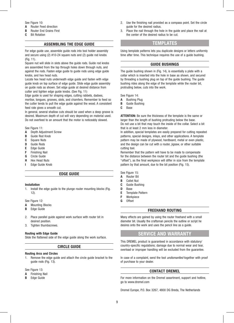 Templates, Service and warranty | Dremel Приставка для фрезерования User Manual | Page 9 / 120