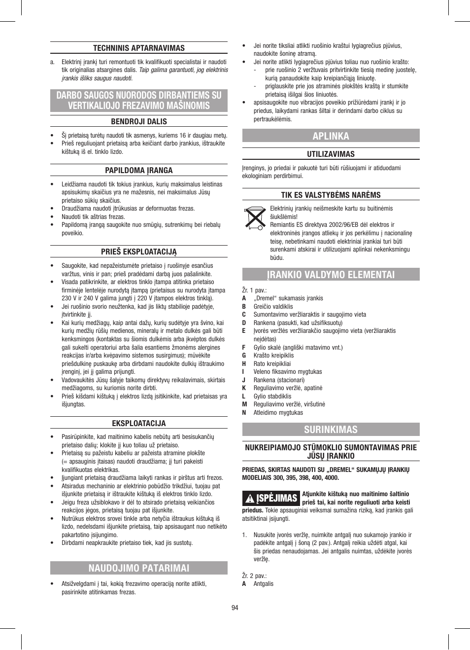 Naudojimo patarimai, Aplinka, Įrankio valdymo elementai | Surinkimas, Įspėjimas | Dremel Приставка для фрезерования User Manual | Page 94 / 120
