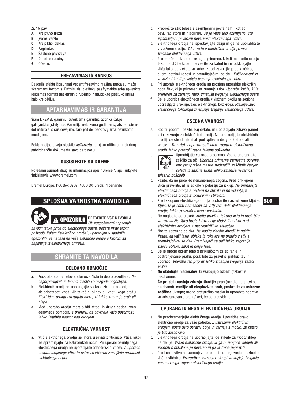 Aptarnavimas ir garantija, Splošna varnostna navodila, Opozorilo | Shranite ta navodila | Dremel Приставка для фрезерования User Manual | Page 97 / 120