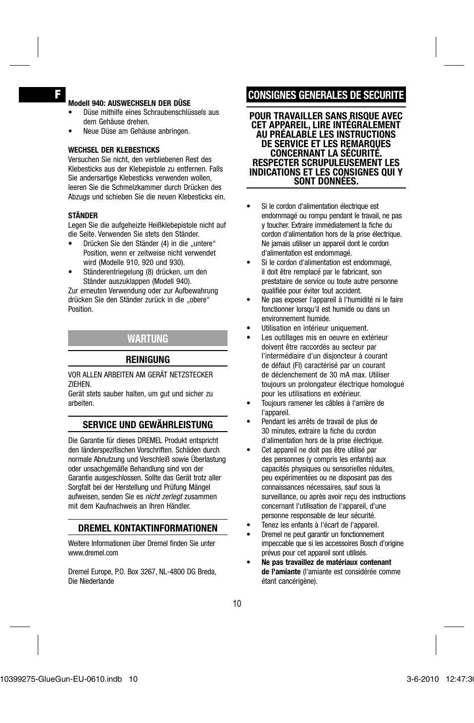 Wartung, Consignes generales de securite | Dremel Клеевой пистолет DREMEL 920 User Manual | Page 10 / 80