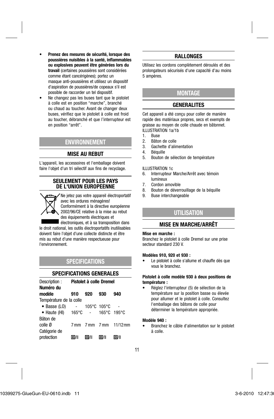 Environnement, Specifications, Montage | Utilisation | Dremel Клеевой пистолет DREMEL 920 User Manual | Page 11 / 80