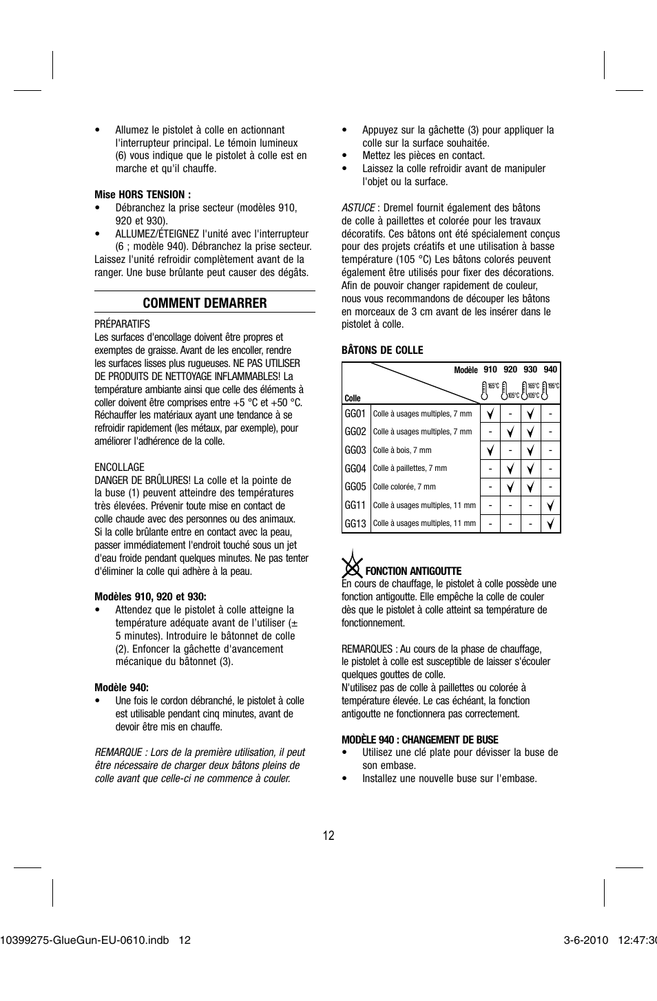 Comment demarrer | Dremel Клеевой пистолет DREMEL 920 User Manual | Page 12 / 80