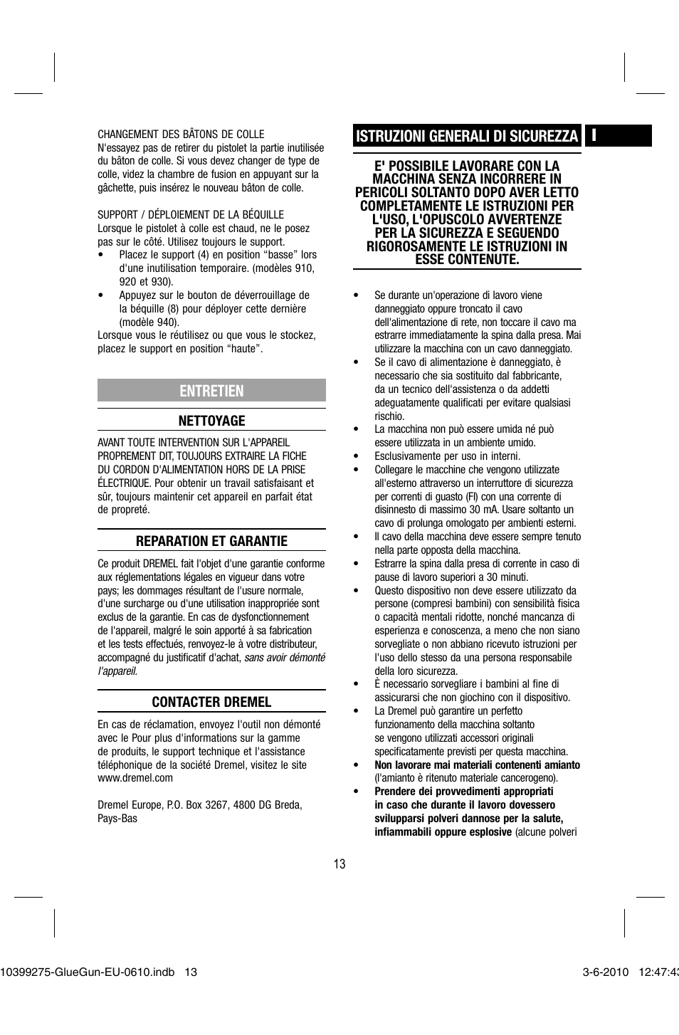 Entretien, Istruzioni generali di sicurezza | Dremel Клеевой пистолет DREMEL 920 User Manual | Page 13 / 80