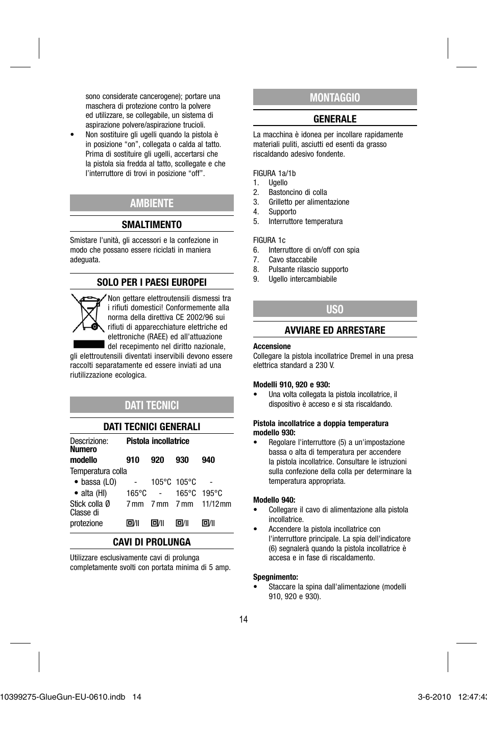Ambiente, Dati tecnici, Montaggio | Dremel Клеевой пистолет DREMEL 920 User Manual | Page 14 / 80