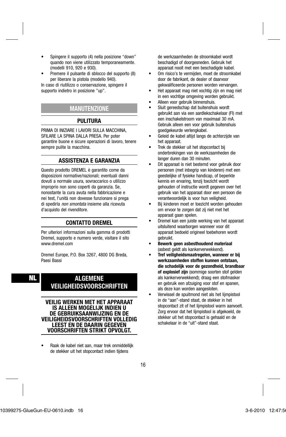 Manutenzione, Algemene veiligheidsvoorschriften | Dremel Клеевой пистолет DREMEL 920 User Manual | Page 16 / 80