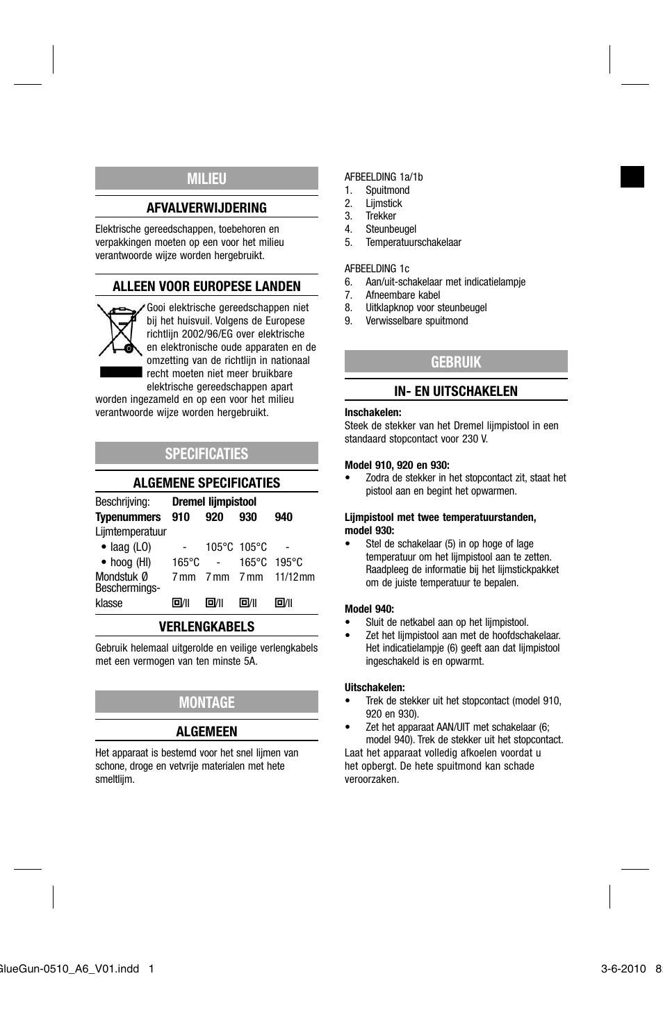 Errata, Milieu, Specificaties | Montage, Gebruik, Deze pagina vervangt pagina 17 uit de handleiding | Dremel Клеевой пистолет DREMEL 920 User Manual | Page 17 / 80
