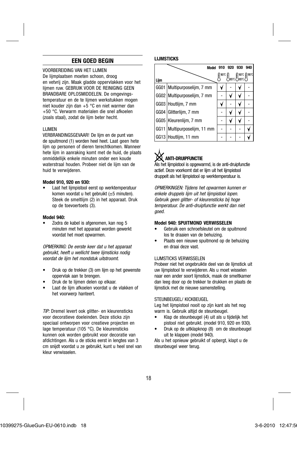 Een goed begin | Dremel Клеевой пистолет DREMEL 920 User Manual | Page 18 / 80