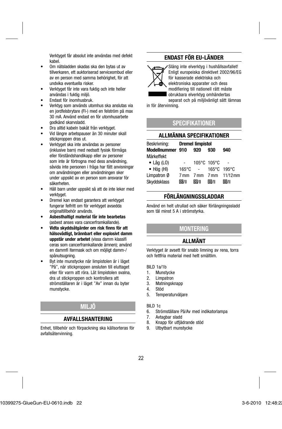 Miljö, Specifikationer, Montering | Dremel Клеевой пистолет DREMEL 920 User Manual | Page 22 / 80
