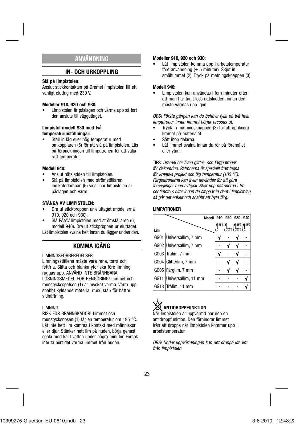 Användning, In- och urkoppling, Komma igång | Dremel Клеевой пистолет DREMEL 920 User Manual | Page 23 / 80