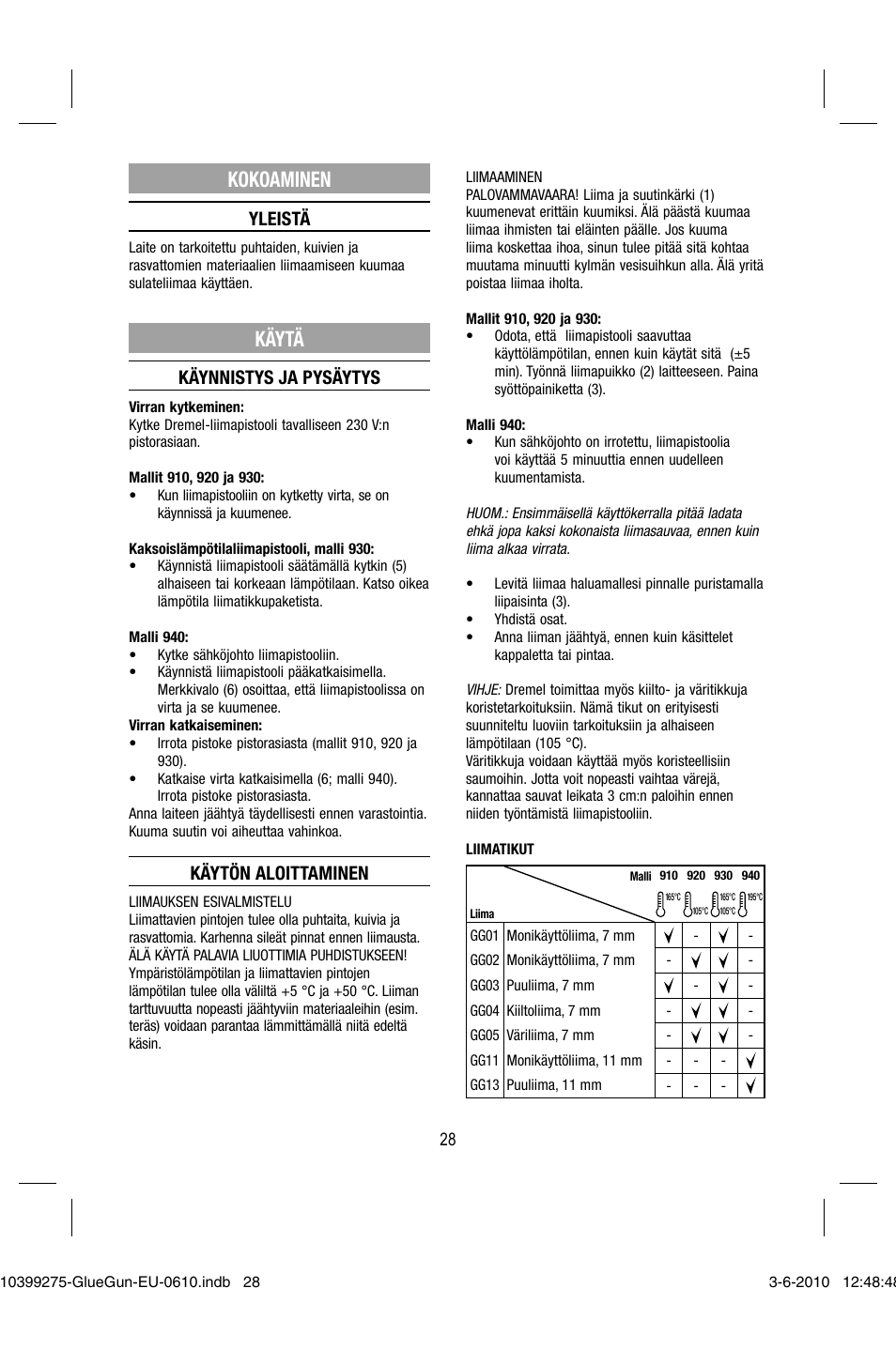 Kokoaminen, Käytä, Yleistä | Käynnistys ja pysäytys, Käytön aloittaminen | Dremel Клеевой пистолет DREMEL 920 User Manual | Page 28 / 80