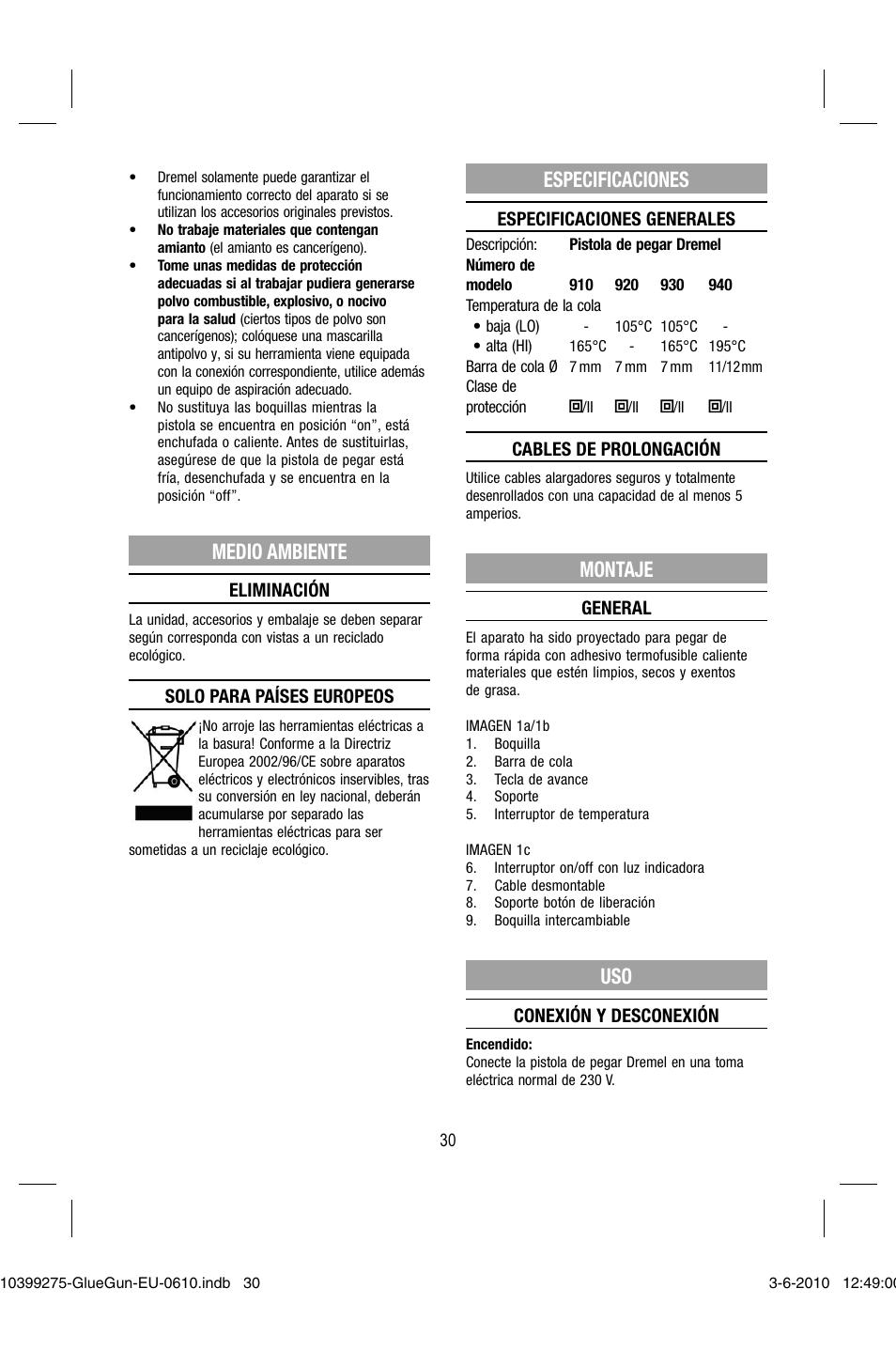 Medio ambiente, Especificaciones, Montaje | Dremel Клеевой пистолет DREMEL 920 User Manual | Page 30 / 80