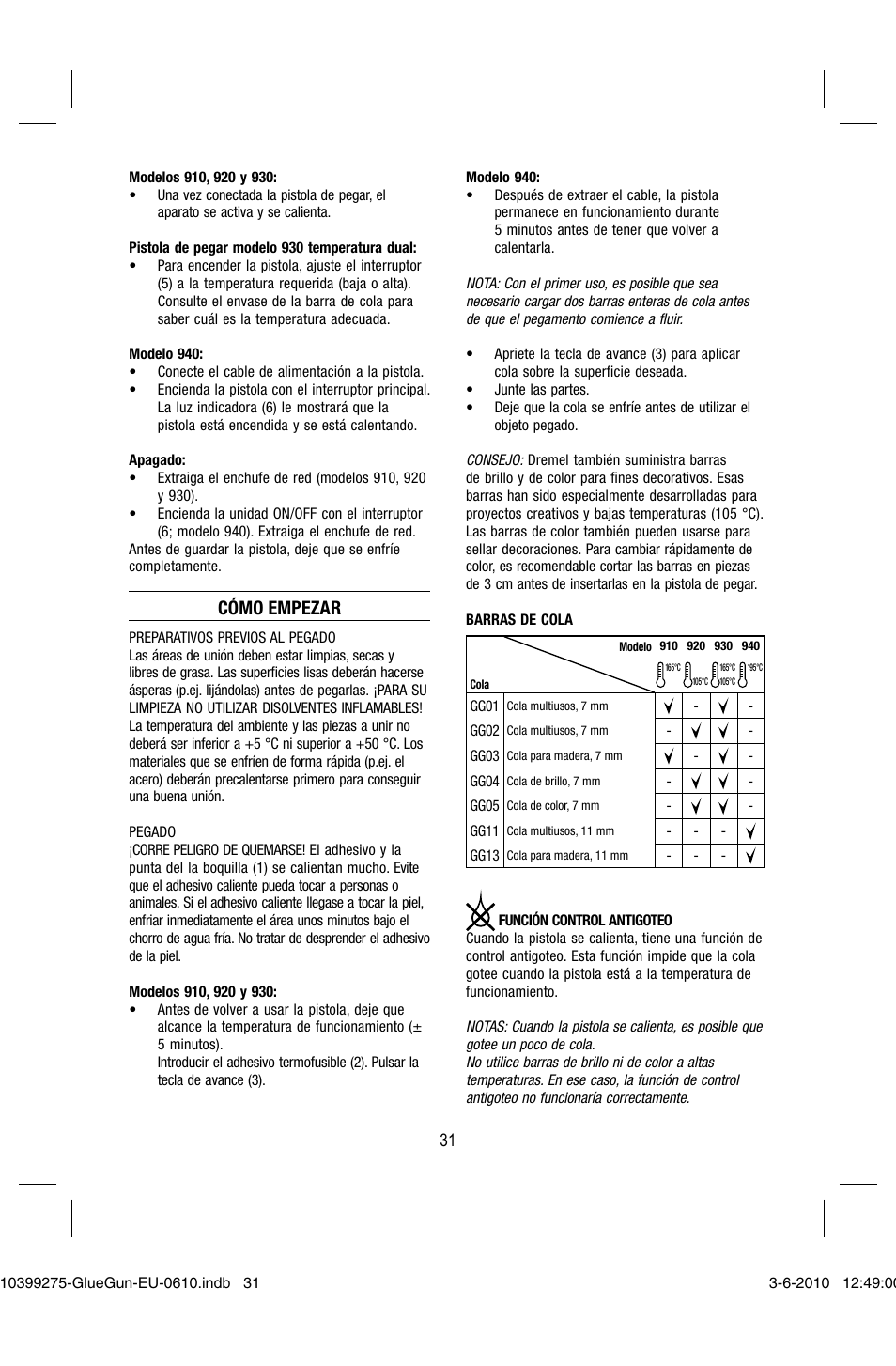 Cómo empezar | Dremel Клеевой пистолет DREMEL 920 User Manual | Page 31 / 80
