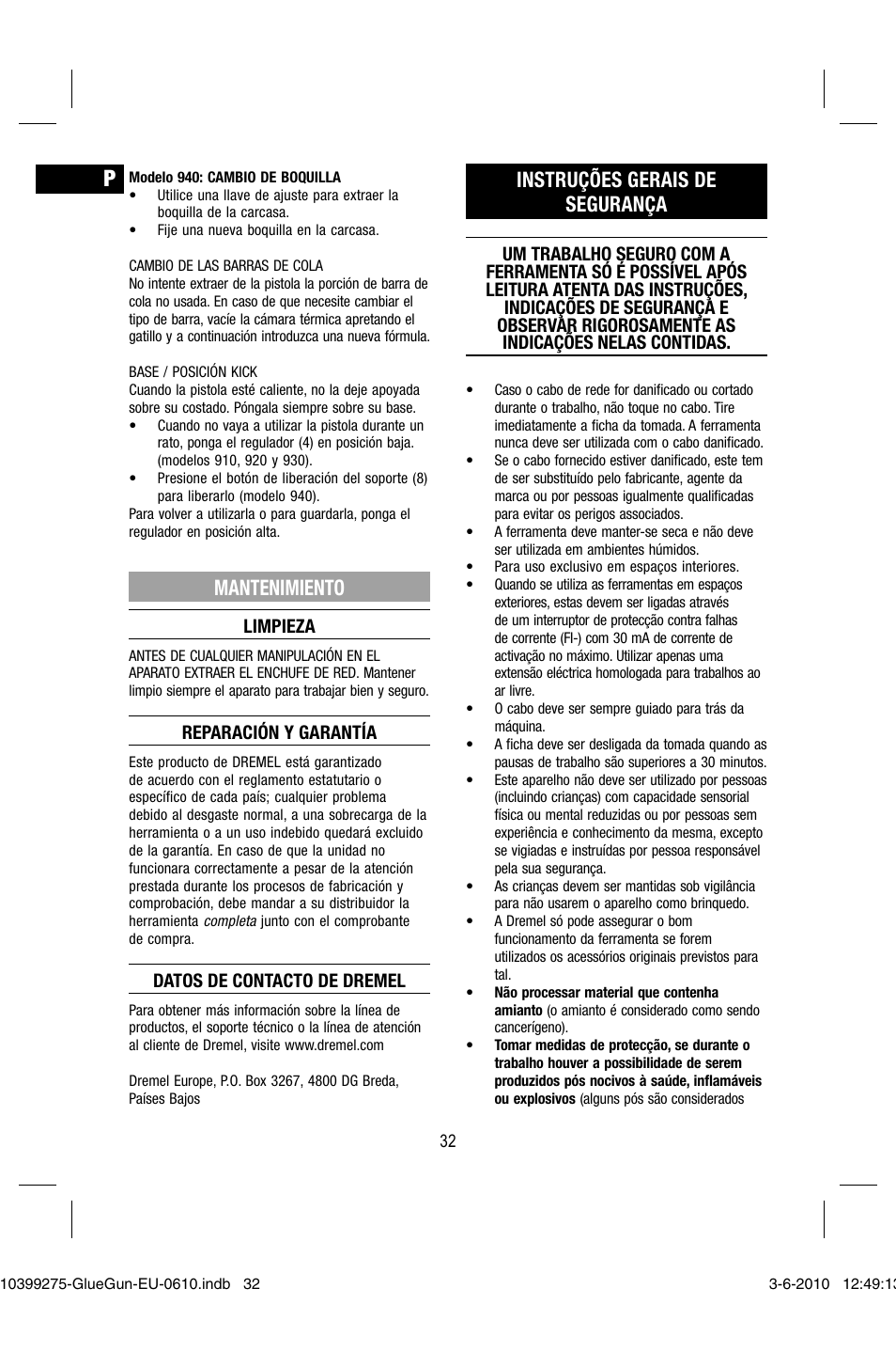 Mantenimiento, Instruções gerais de segurança | Dremel Клеевой пистолет DREMEL 920 User Manual | Page 32 / 80