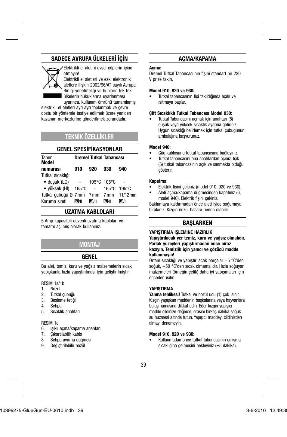 Teknik özellikler, Montaj | Dremel Клеевой пистолет DREMEL 920 User Manual | Page 39 / 80