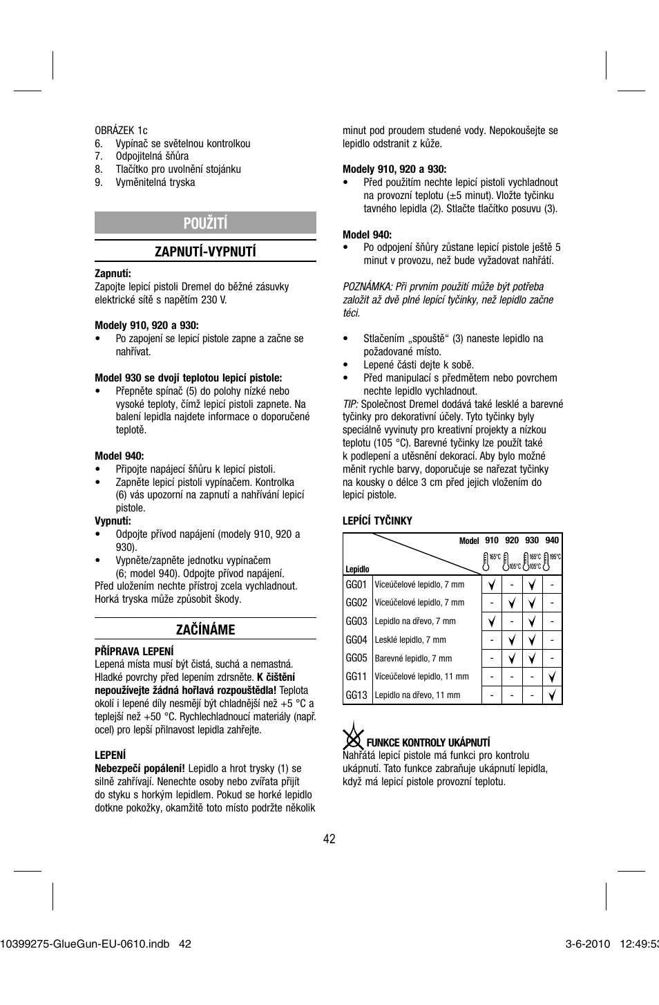 Použití, Zapnutí-vypnutí, Začínáme | Dremel Клеевой пистолет DREMEL 920 User Manual | Page 42 / 80