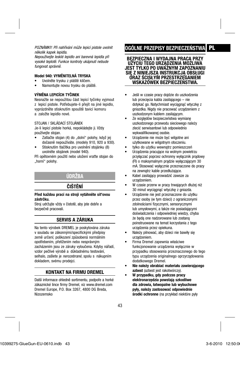 Údržba, Ogólne przepisy bezpieczeństwa | Dremel Клеевой пистолет DREMEL 920 User Manual | Page 43 / 80