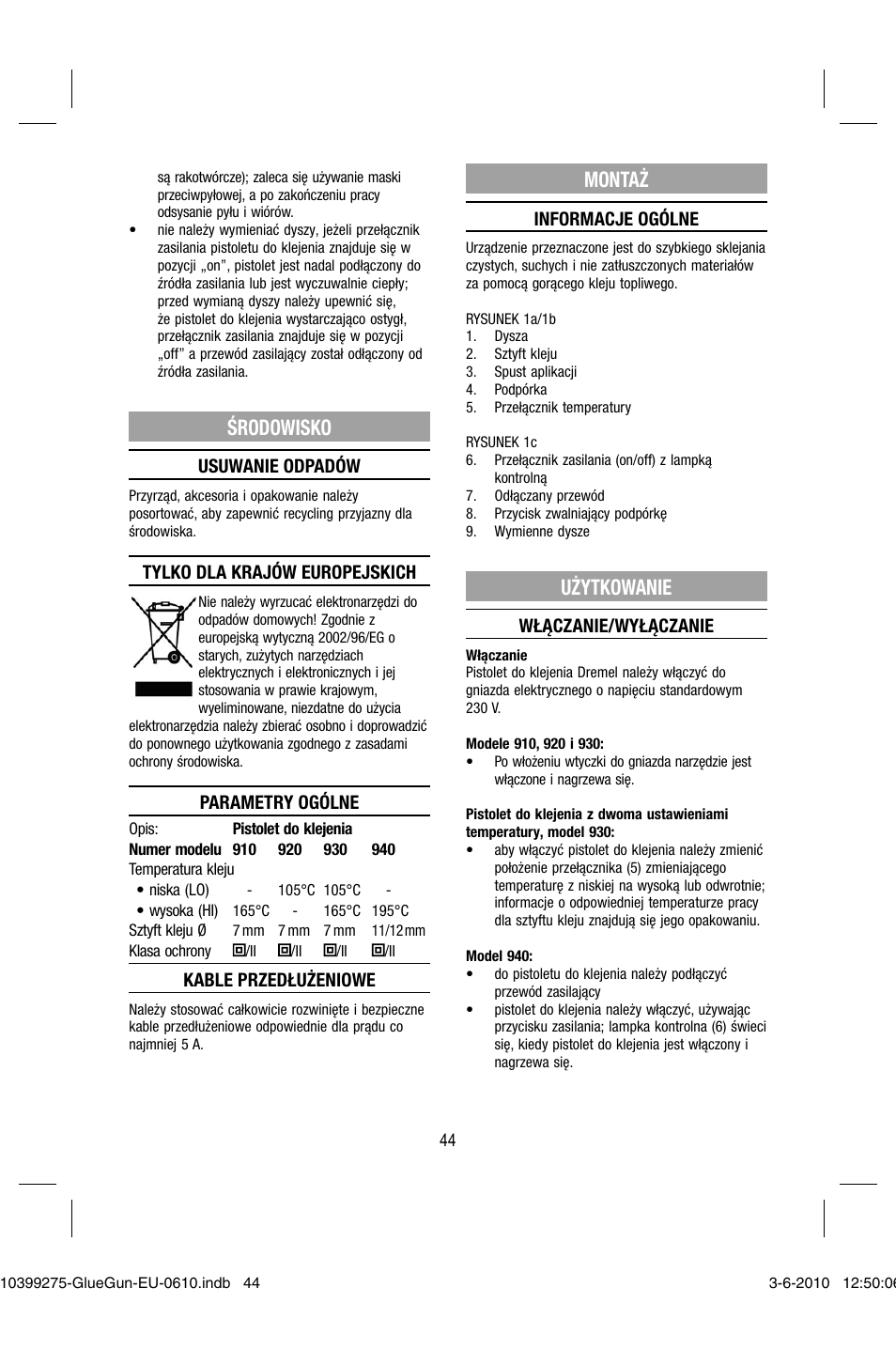 Środowisko, Montaż, Użytkowanie | Dremel Клеевой пистолет DREMEL 920 User Manual | Page 44 / 80