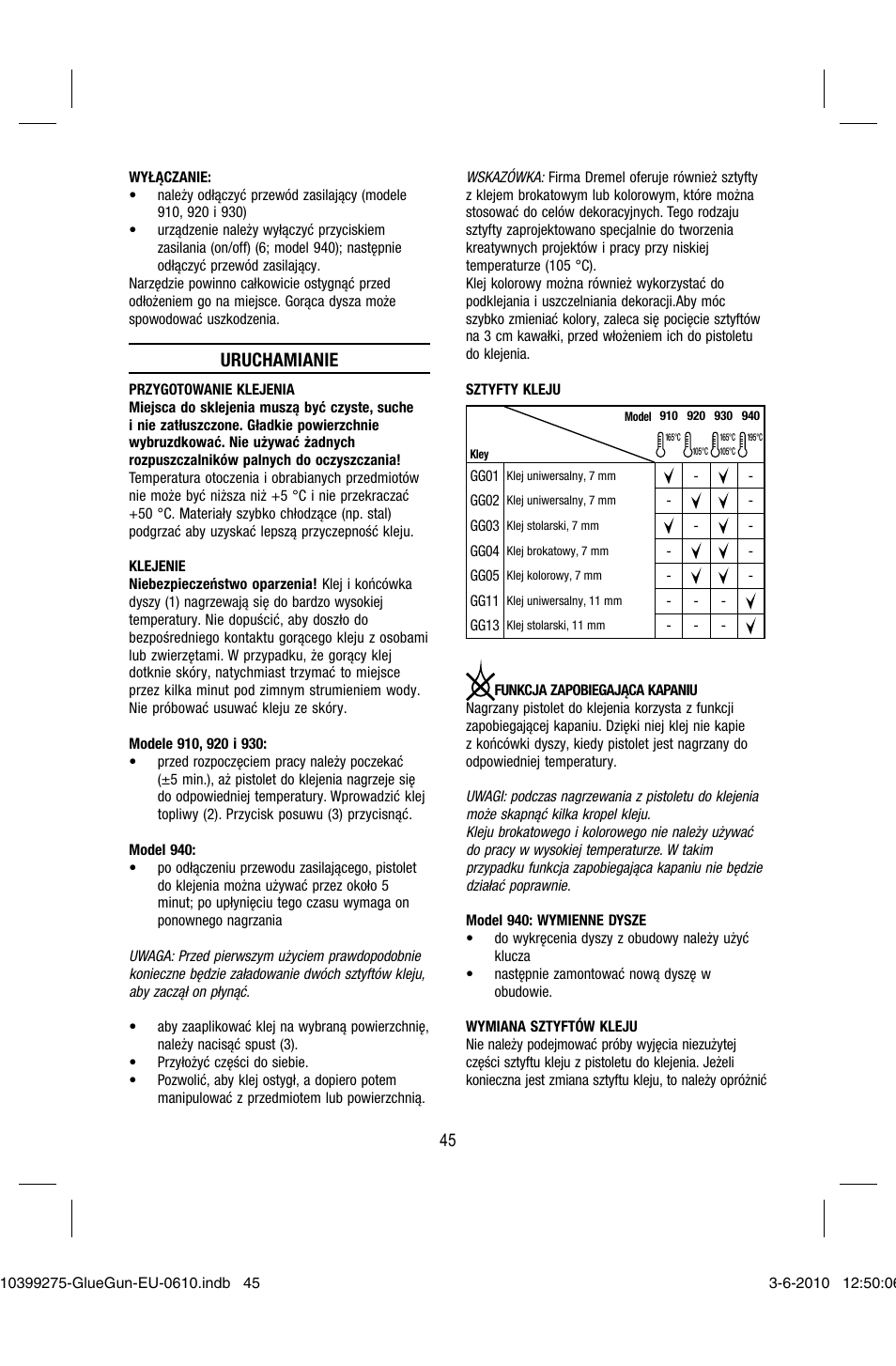 Uruchamianie | Dremel Клеевой пистолет DREMEL 920 User Manual | Page 45 / 80