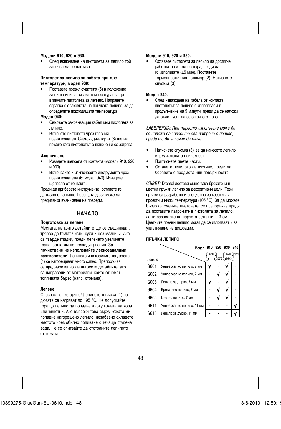 Начало | Dremel Клеевой пистолет DREMEL 920 User Manual | Page 48 / 80