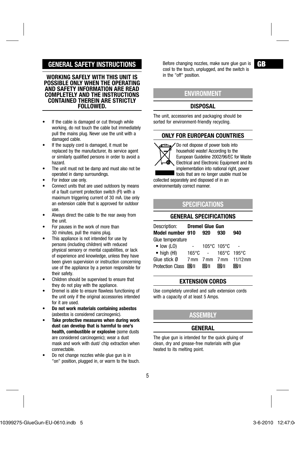 General safety instructions, Environment, Specifications | Assembly | Dremel Клеевой пистолет DREMEL 920 User Manual | Page 5 / 80