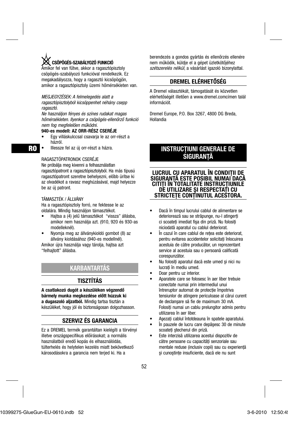 Karbantartás, Instrucţiuni generale de siguranţă | Dremel Клеевой пистолет DREMEL 920 User Manual | Page 52 / 80