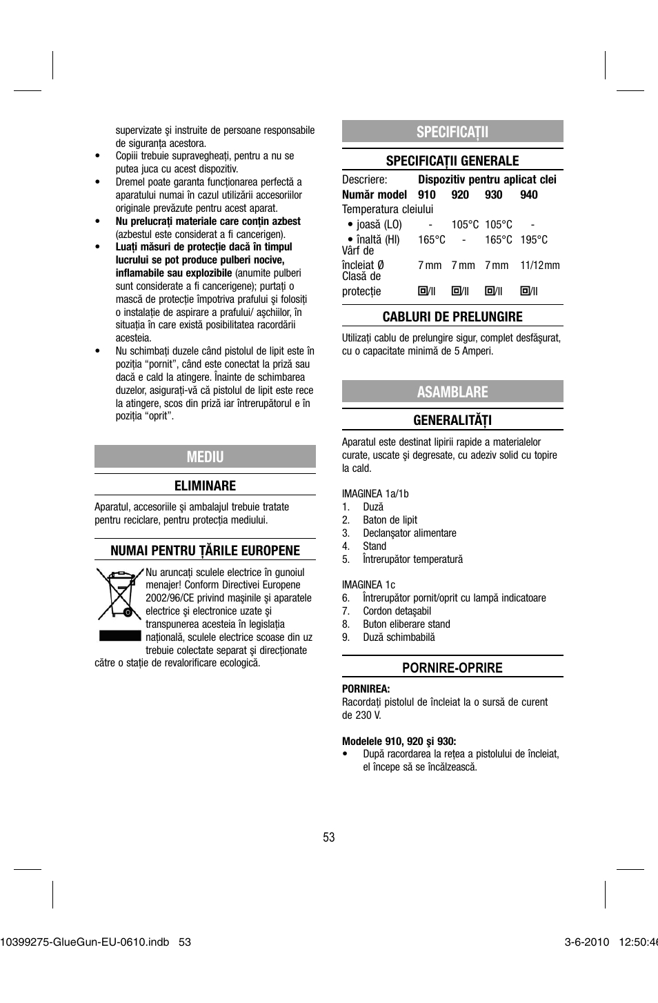 Mediu, Specificaţii, Asamblare | Dremel Клеевой пистолет DREMEL 920 User Manual | Page 53 / 80