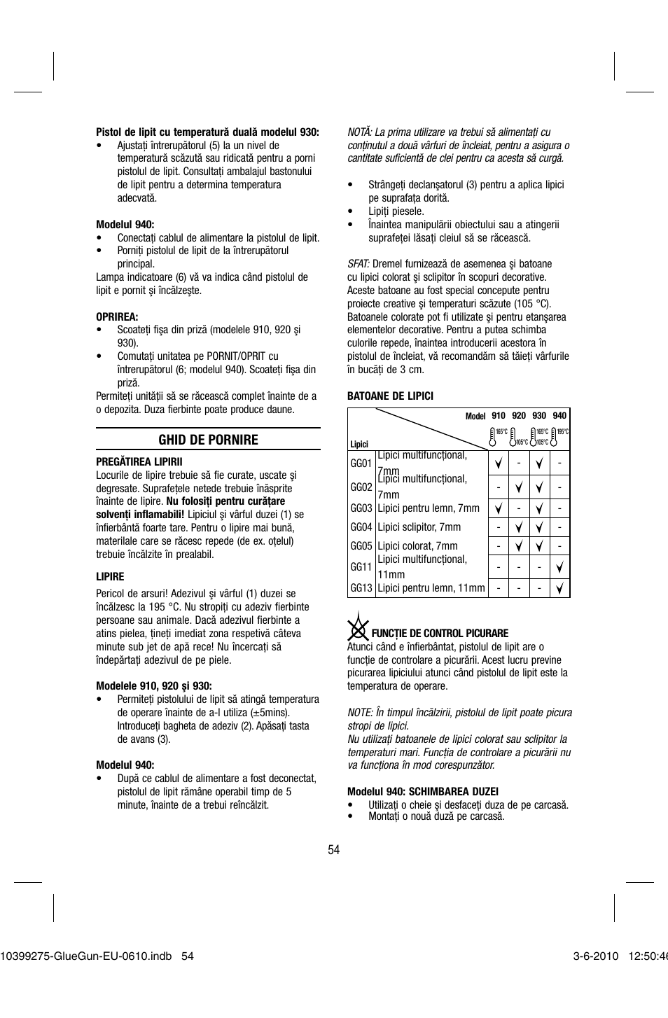 Ghid de pornire | Dremel Клеевой пистолет DREMEL 920 User Manual | Page 54 / 80