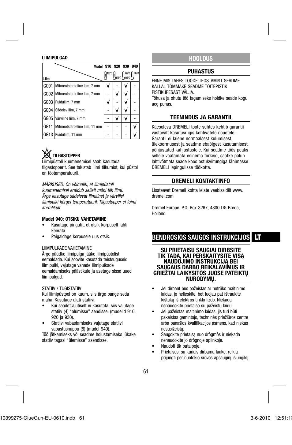 Hooldus, Bendrosios saugos instrukcijos, Puhastus | Teenindus ja garantii, Dremeli kontaktinfo | Dremel Клеевой пистолет DREMEL 920 User Manual | Page 61 / 80
