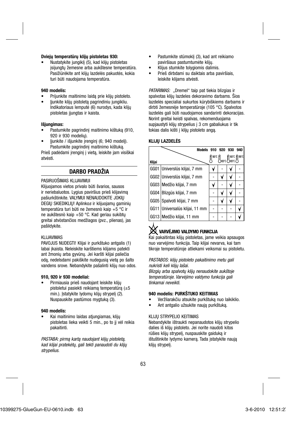 Darbo pradžia | Dremel Клеевой пистолет DREMEL 920 User Manual | Page 63 / 80