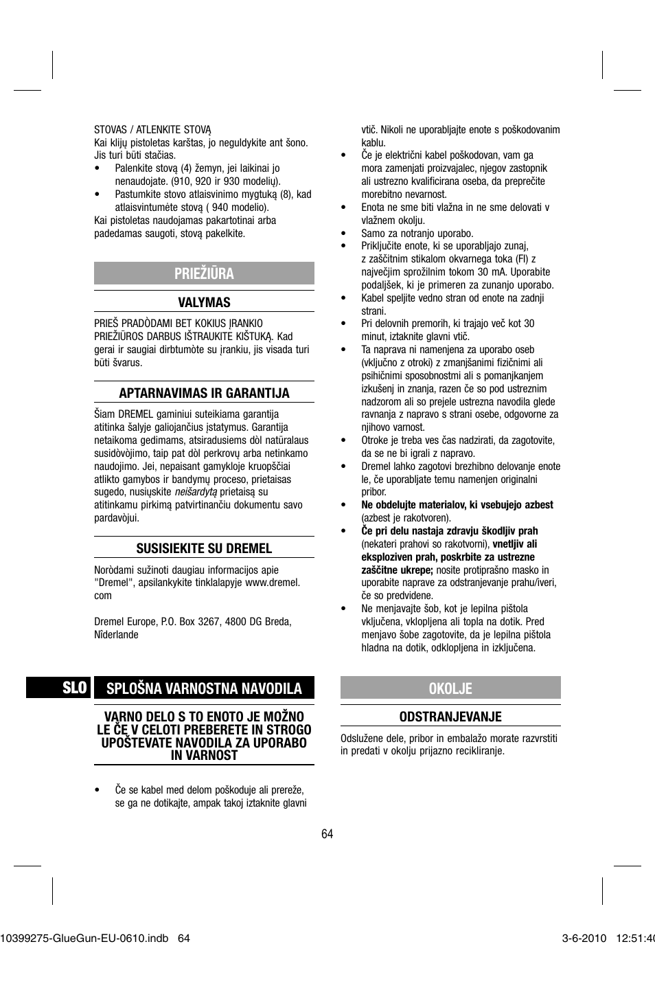 Priežiūra, Splošna varnostna navodila, Okolje | Dremel Клеевой пистолет DREMEL 920 User Manual | Page 64 / 80
