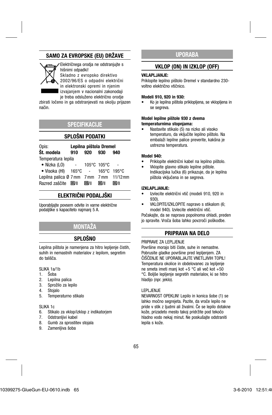 Specifikacije, Montaža, Uporaba | Dremel Клеевой пистолет DREMEL 920 User Manual | Page 65 / 80