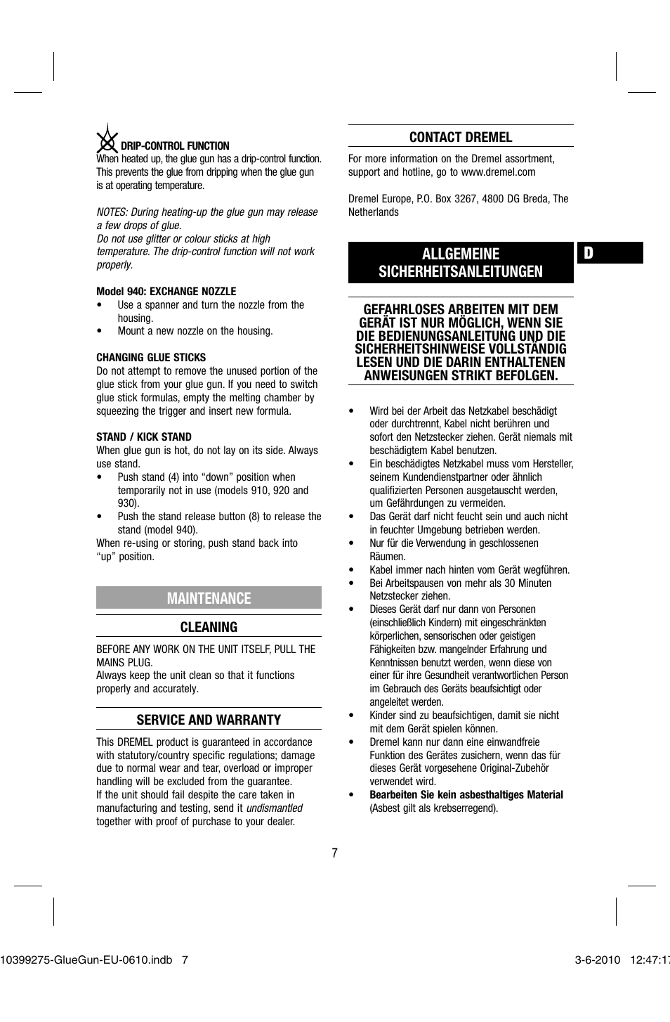 Maintenance, Allgemeine sicherheitsanleitungen | Dremel Клеевой пистолет DREMEL 920 User Manual | Page 7 / 80