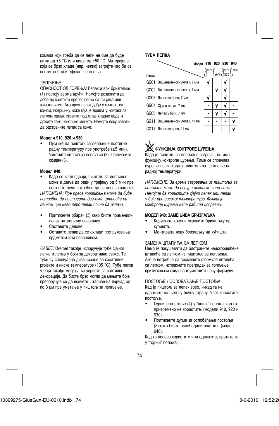 Dremel Клеевой пистолет DREMEL 920 User Manual | Page 74 / 80