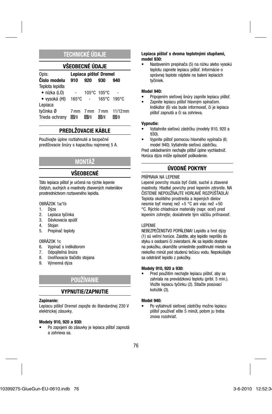 Technické údaje, Montáž, Používanie | Dremel Клеевой пистолет DREMEL 920 User Manual | Page 76 / 80