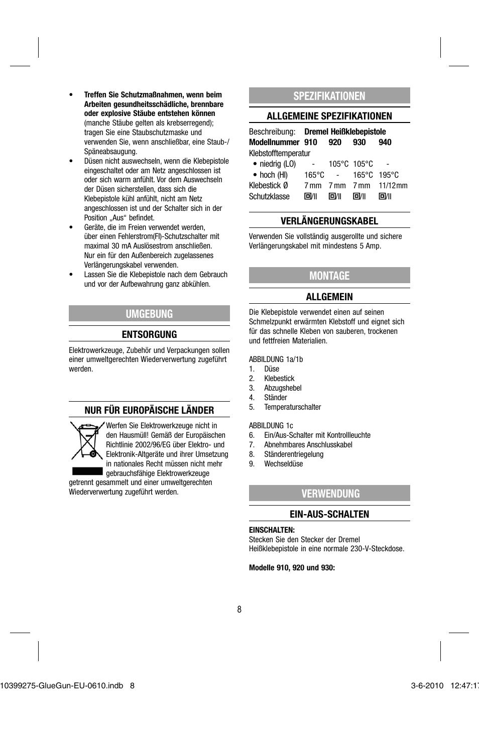 Umgebung, Spezifikationen, Montage | Verwendung | Dremel Клеевой пистолет DREMEL 920 User Manual | Page 8 / 80