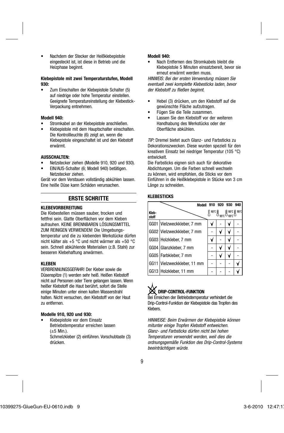 Erste schritte | Dremel Клеевой пистолет DREMEL 920 User Manual | Page 9 / 80