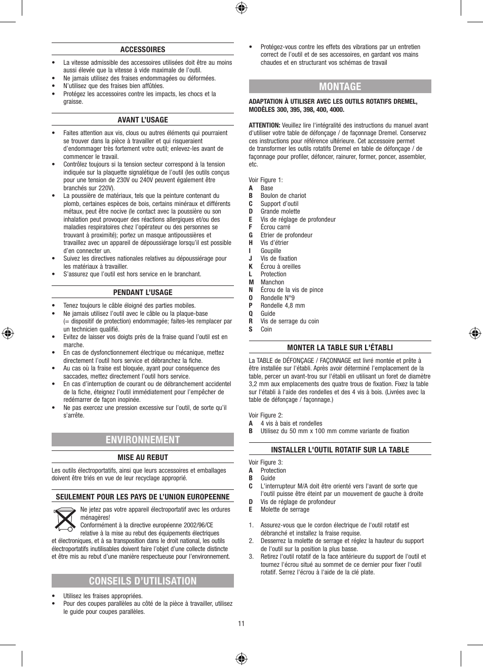 Environnement, Conseils d’utilisation, Montage | Dremel Столик для фрезерования User Manual | Page 11 / 84