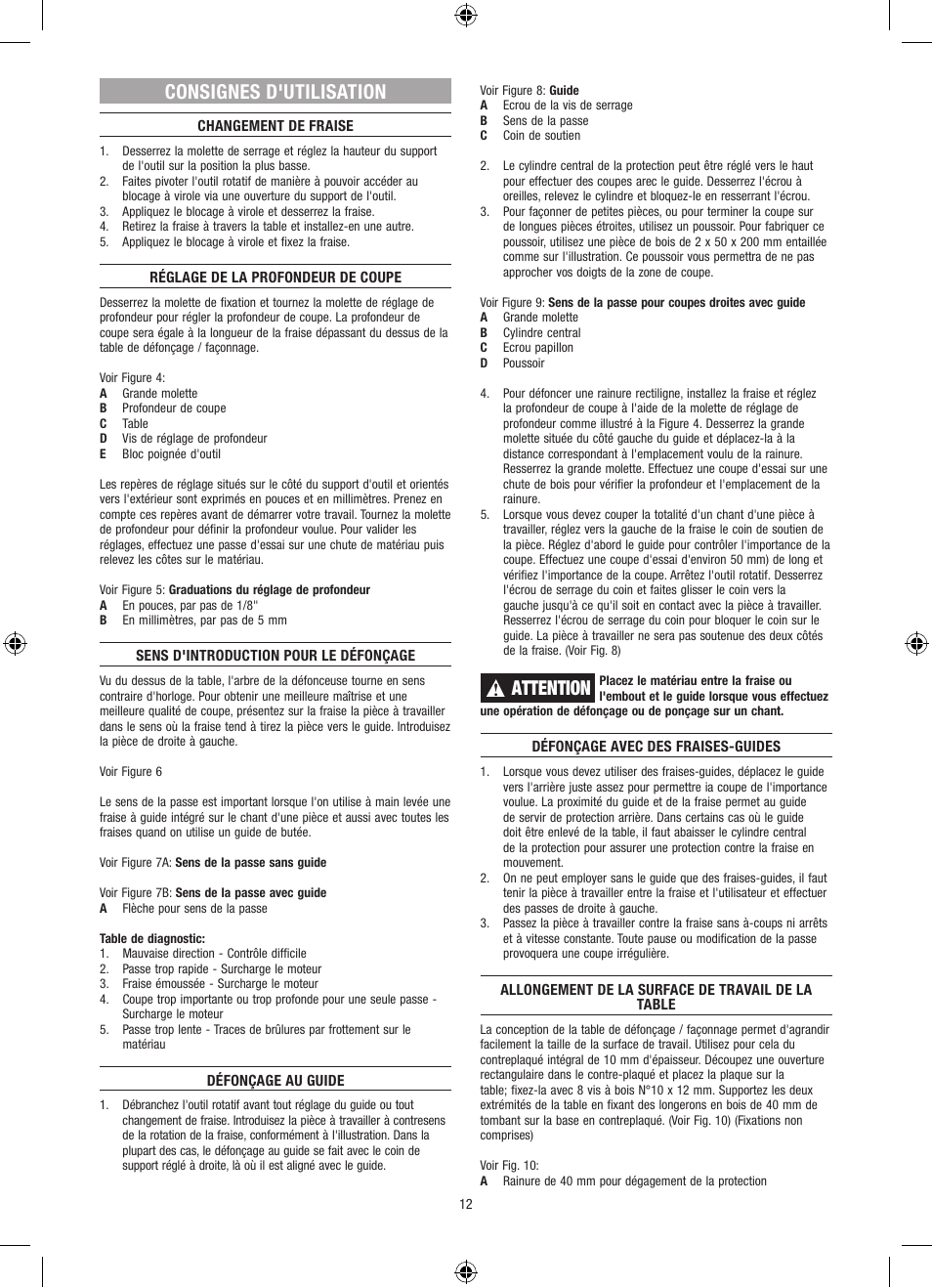 Consignes d'utilisation, Attention | Dremel Столик для фрезерования User Manual | Page 12 / 84