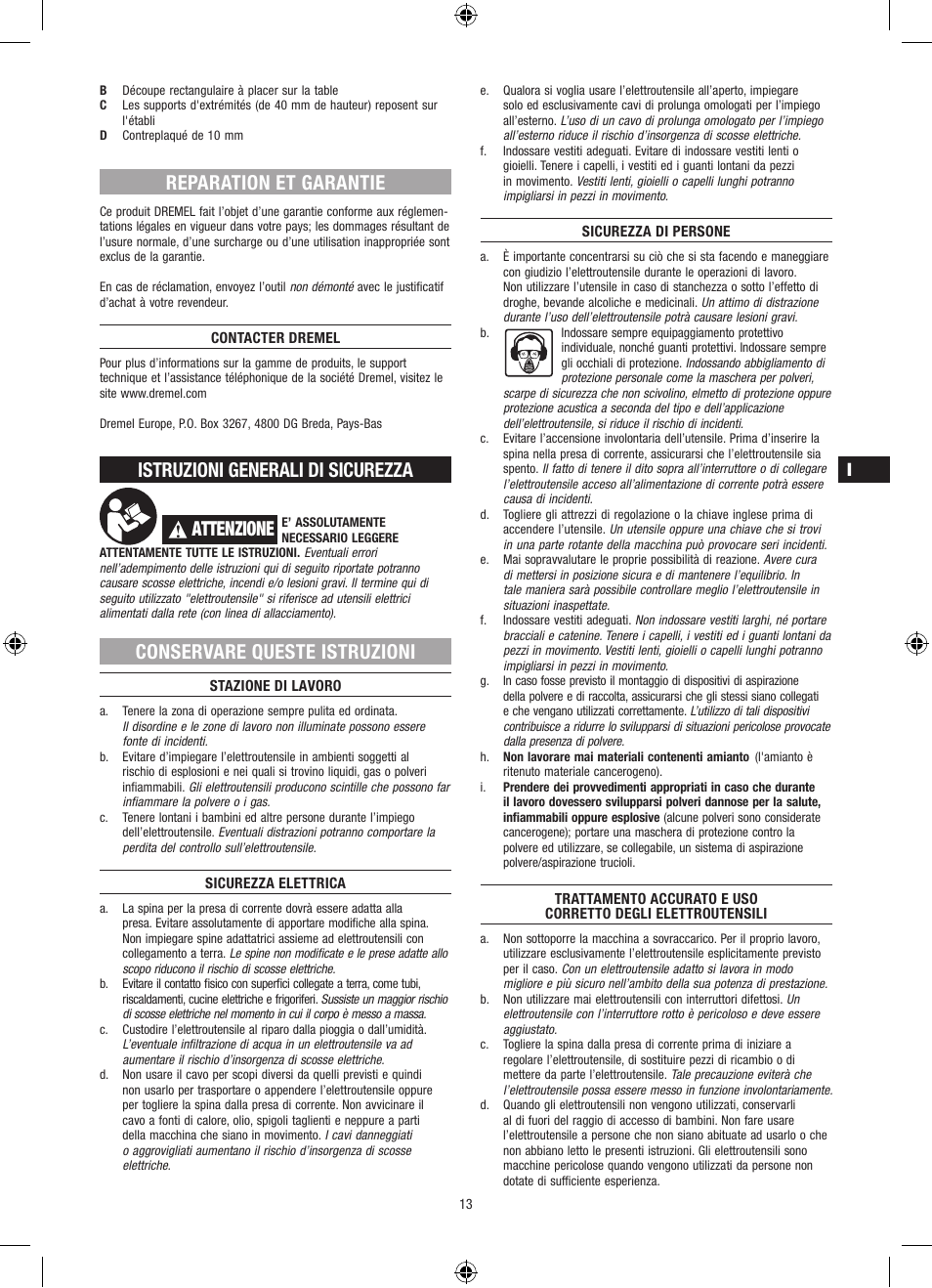 Reparation et garantie, Istruzioni generali di sicurezza, Attenzione | Conservare queste istruzioni | Dremel Столик для фрезерования User Manual | Page 13 / 84