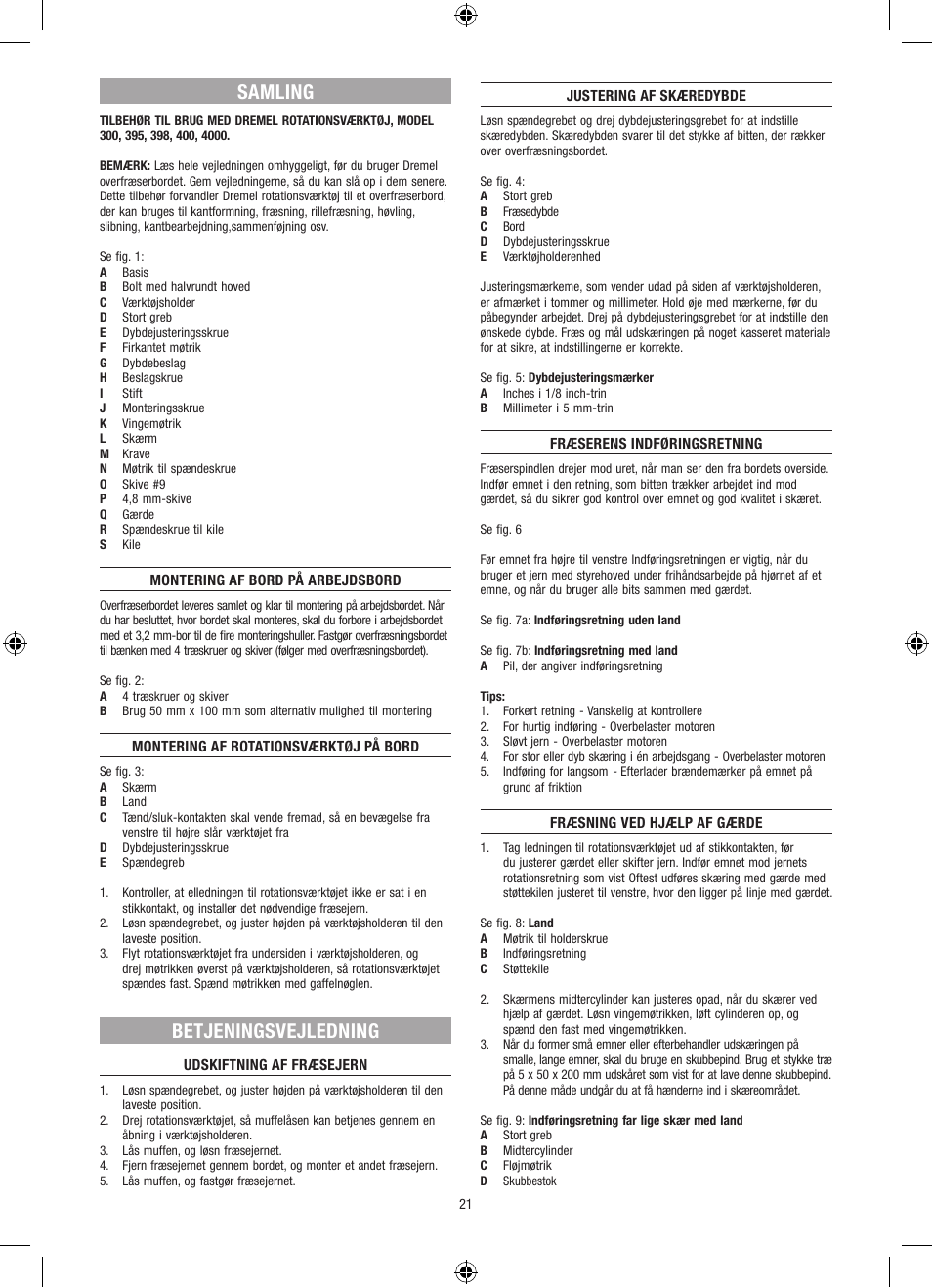 Samling, Betjeningsvejledning | Dremel Столик для фрезерования User Manual | Page 21 / 84