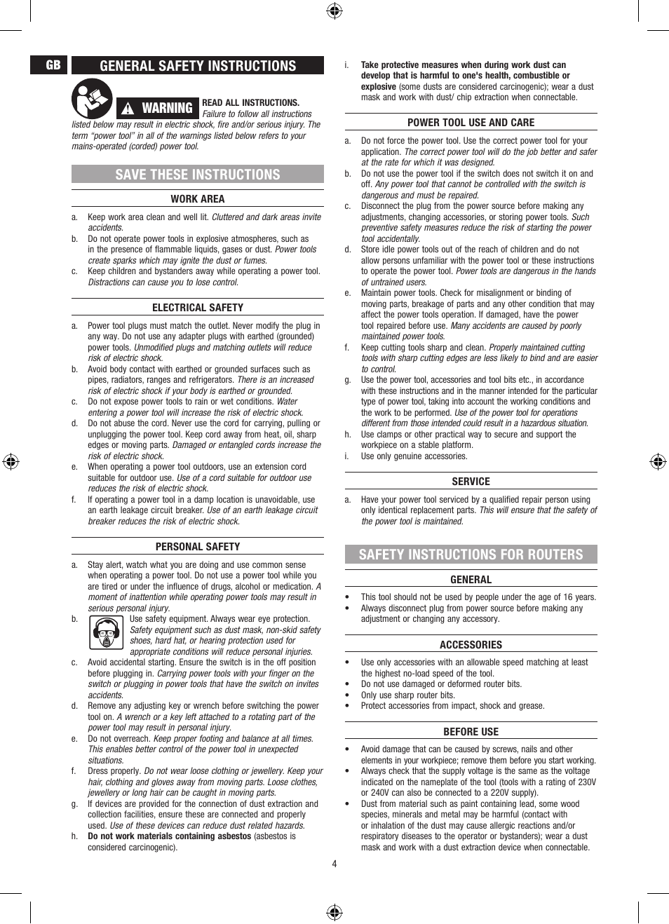 General safety instructions, Warning, Save these instructions | Safety instructions for routers | Dremel Столик для фрезерования User Manual | Page 4 / 84