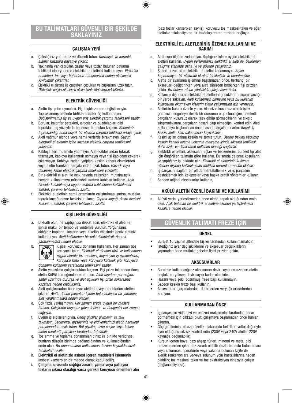 Bu talimatlari güvenli bir şekilde saklayiniz, Güvenlik talimati freze için | Dremel Столик для фрезерования User Manual | Page 41 / 84
