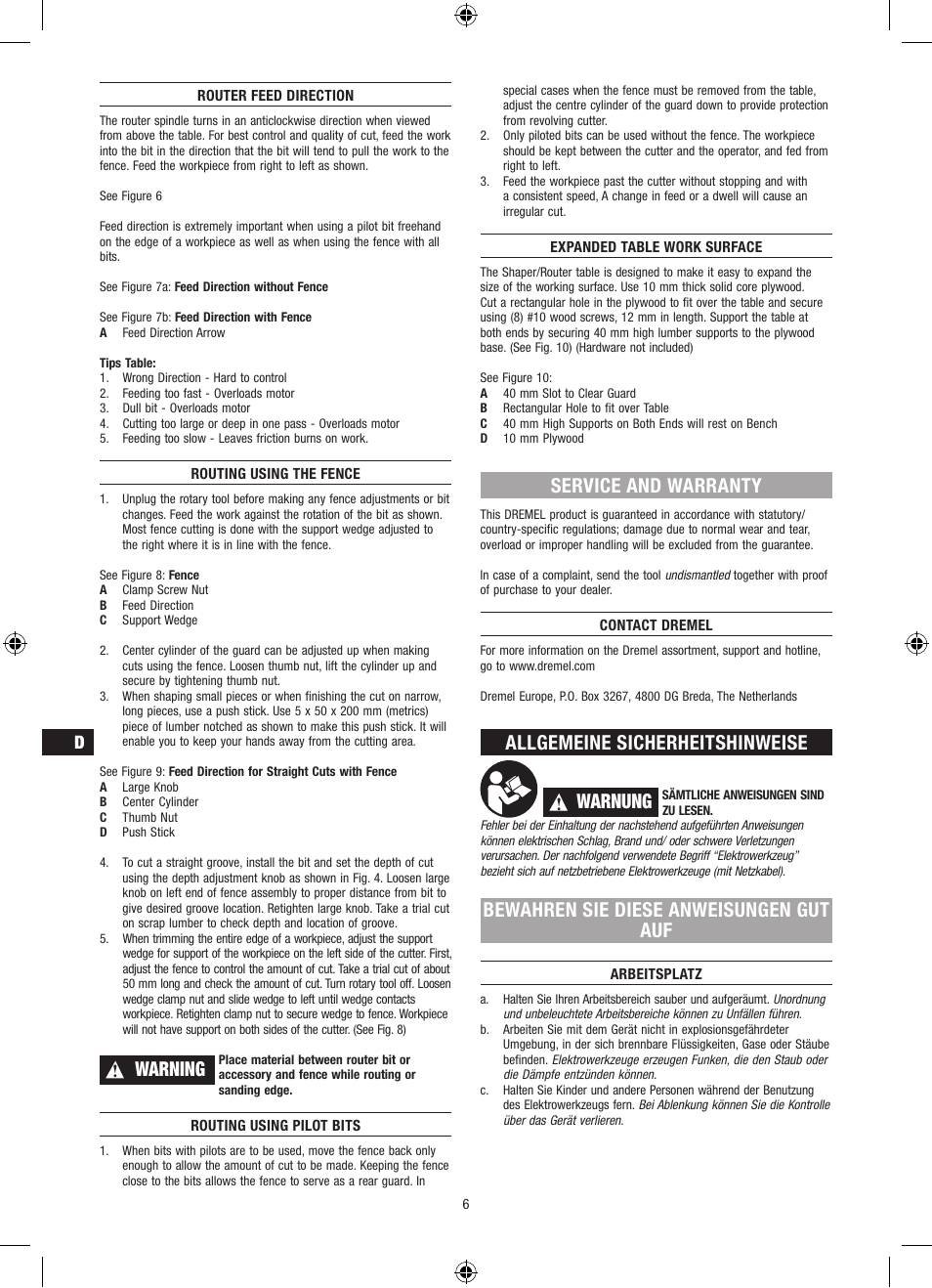 Warning, Service and warranty, Allgemeine sicherheitshinweise | Warnung, Bewahren sie diese anweisungen gut auf | Dremel Столик для фрезерования User Manual | Page 6 / 84