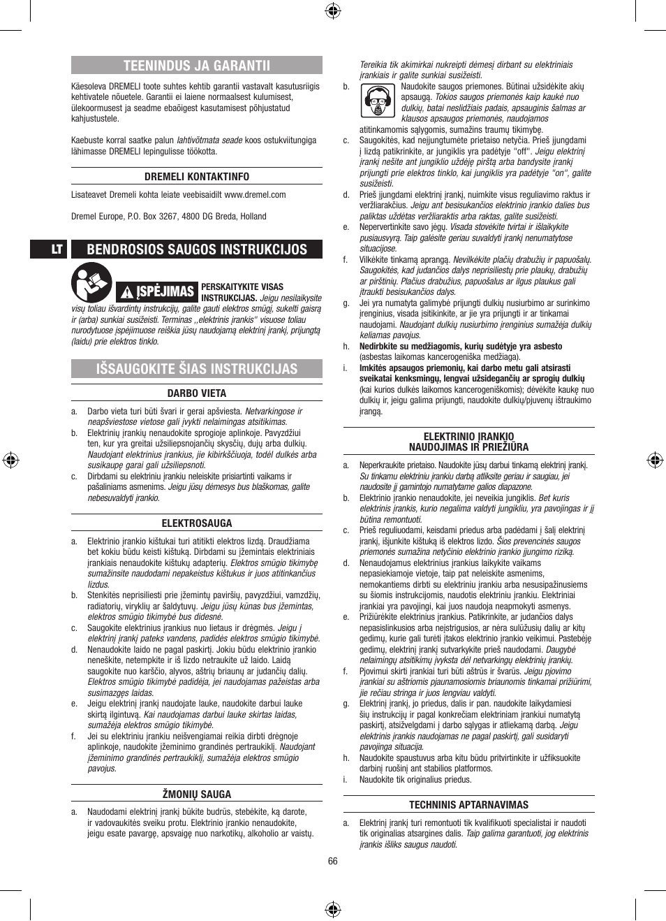 Teenindus ja garantii, Bendrosios saugos instrukcijos, Įspėjimas | Išsaugokite šias instrukcijas | Dremel Столик для фрезерования User Manual | Page 66 / 84