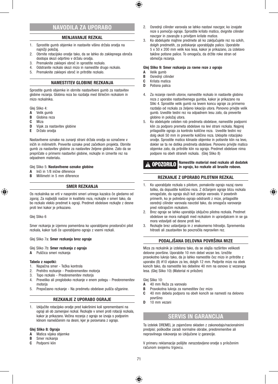 Navodila za uporabo, Opozorilo, Servis in garancija | Dremel Столик для фрезерования User Manual | Page 71 / 84