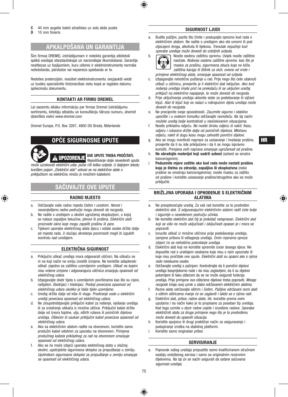Apkalpošana un garantija, Opće sigurnosne upute, Sačuvajte ove upute | Upozorenje | Dremel Столик для фрезерования User Manual | Page 75 / 84